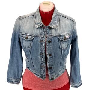 Hollister Distressed Light Wash Y2K Denim Blue Jean Jacket Women Large